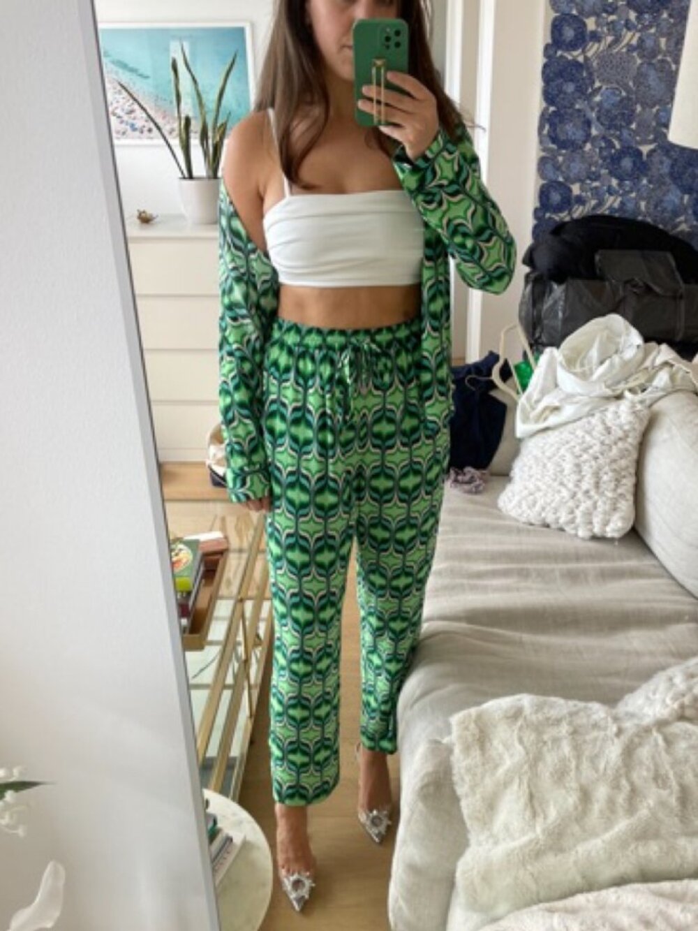 Zara Green Geometric Print 2-Piece Matching Set Top & Pants Size M